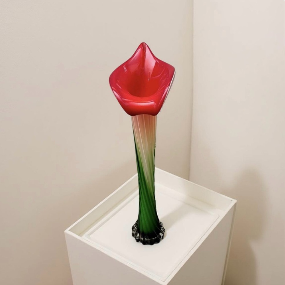Murano-Inspired Glass Calla Lily Vase Vibrant Red to Green Ombre. 16” tall